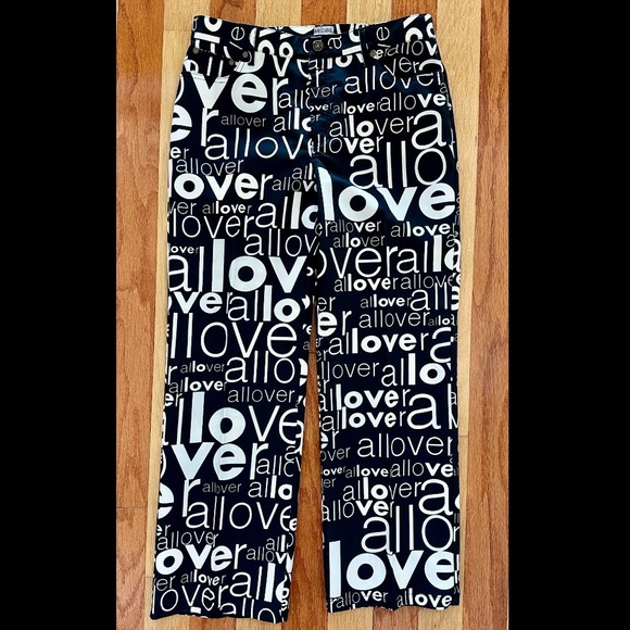 Moschino Pants - 1990s MOSCHINO JEANS LOVE ALL OVER PANTS TROUSERS BLACK CREAM NANNY FINE US 12